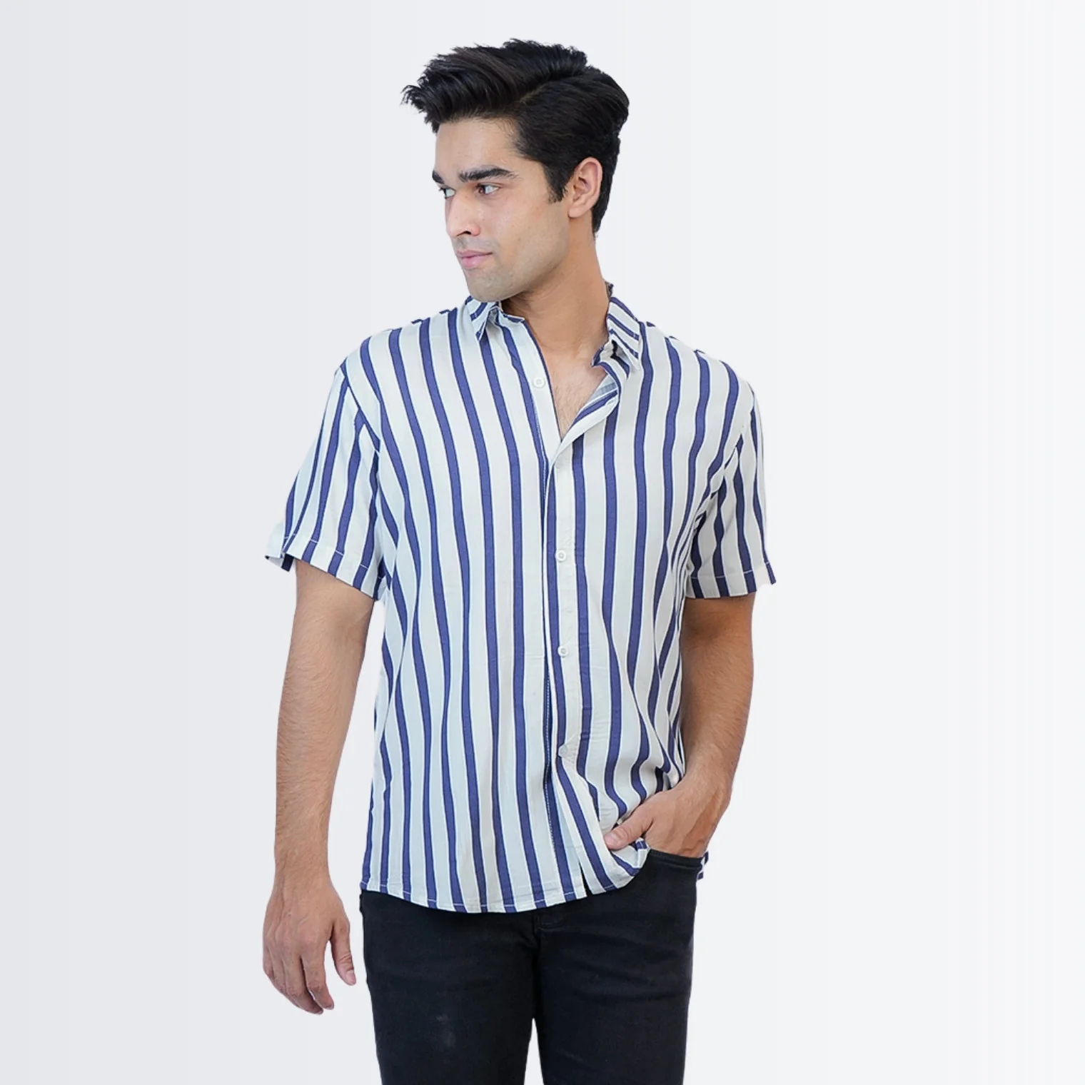 Stripped Blue/White Printed Shirt - Image 3